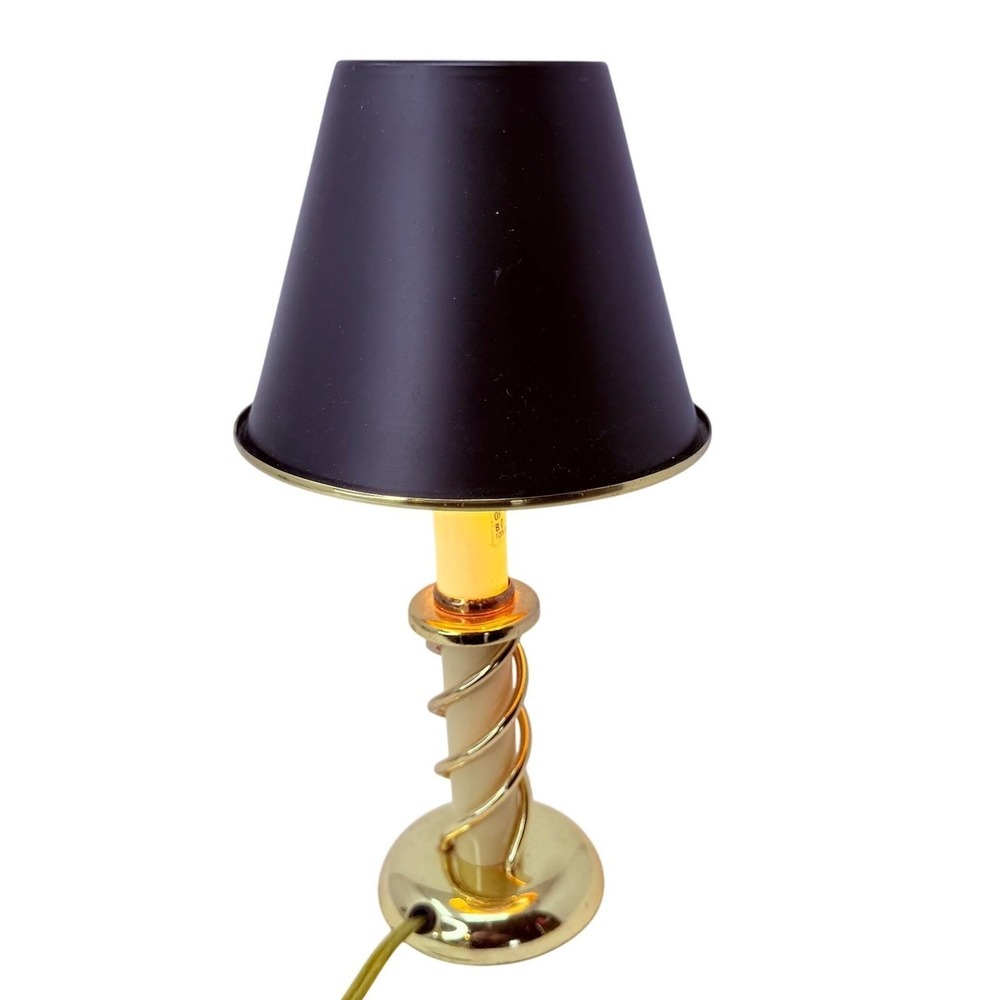 Vintage 1980s Mini Brass Spiral Accent Lamp with Black Metal Shade